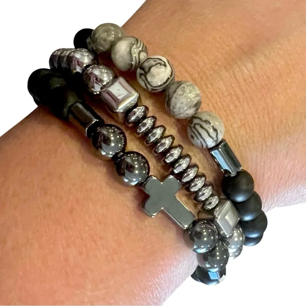 Cross Black and Silver Metal Beaded Bracelets, Set of 3